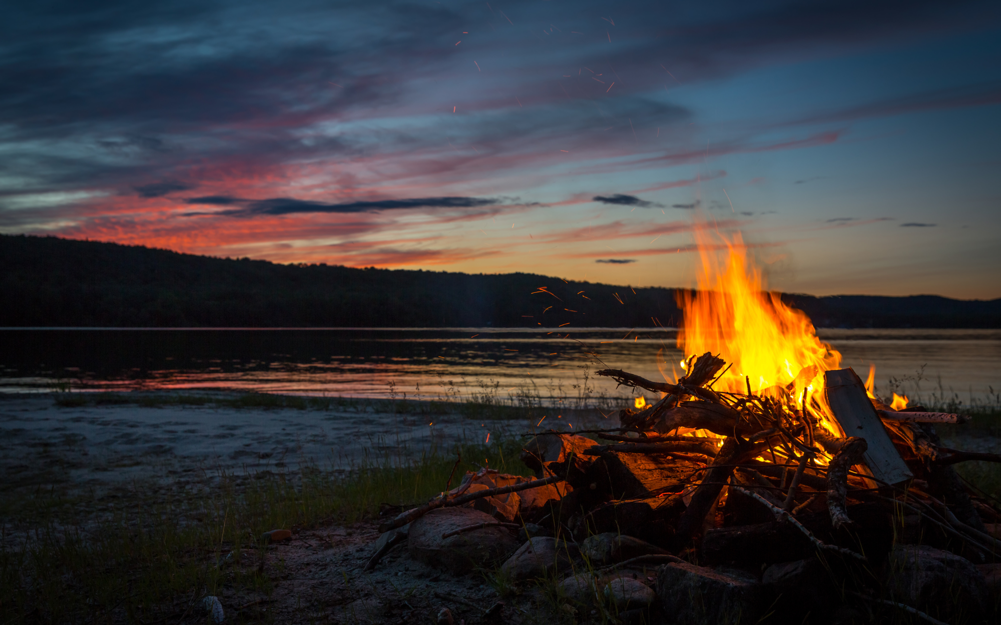 Camp fire on the beach at Lake of the Ozarks