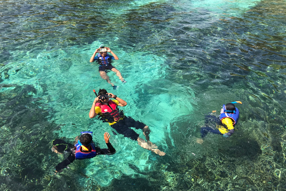 Family snorkeling a shallow reef in the florida keys