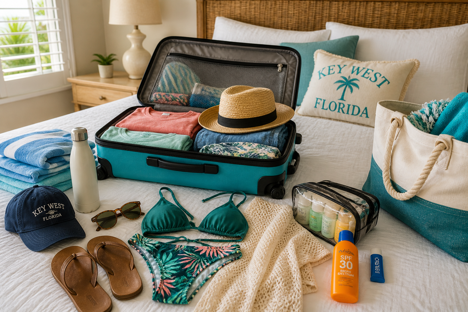 travel items on a bed
