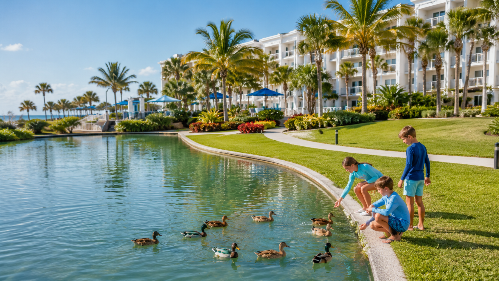 Feeding the ducks at the resort in St Pete Beach