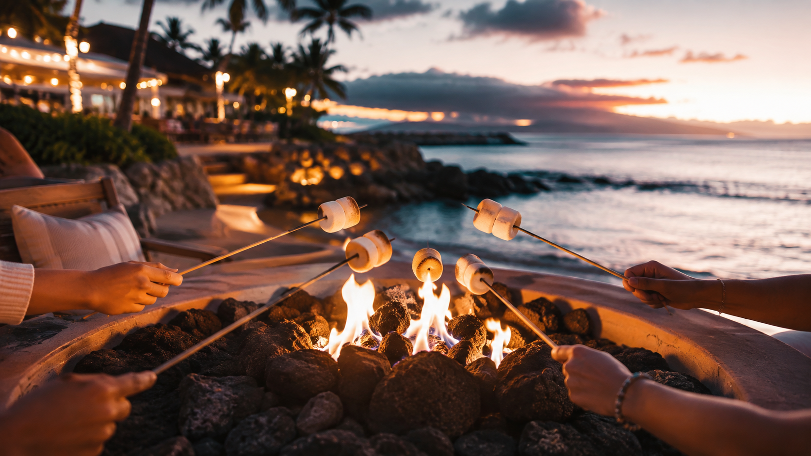 Family making smores by the fire