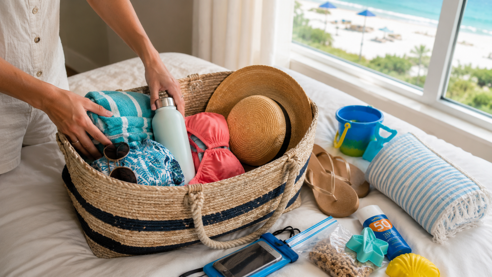 Person backing a bag to go to the beach
