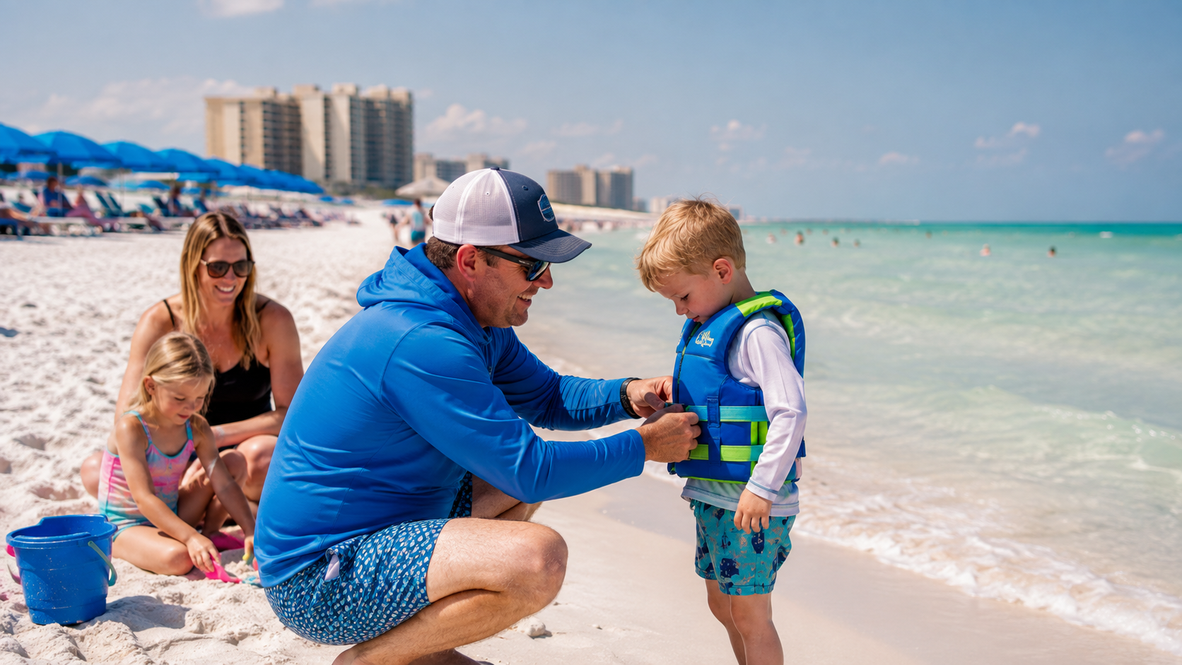 Man buckling a life jacket on a toddler