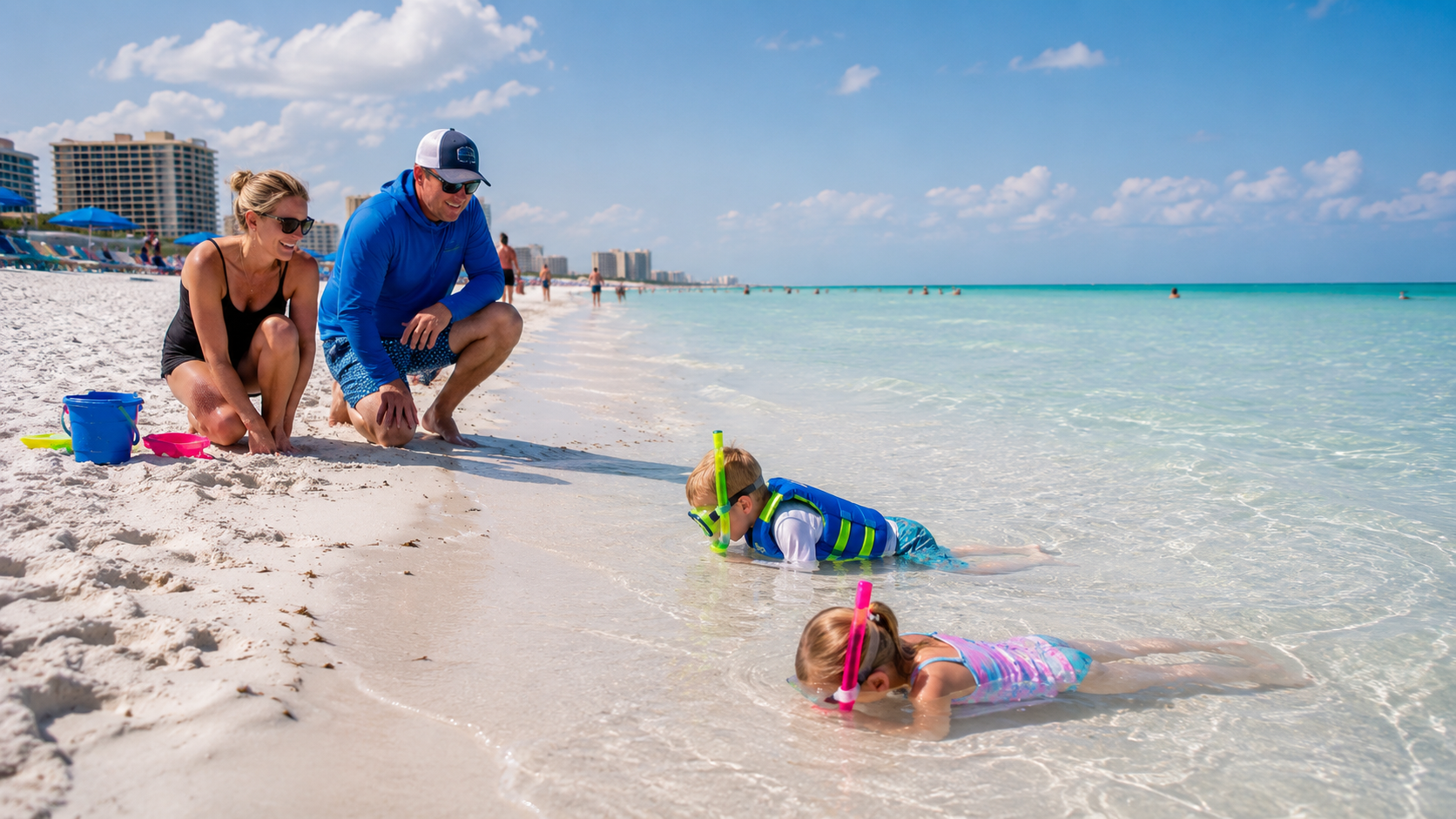 Kids trying out their mask and snorkel by the beach