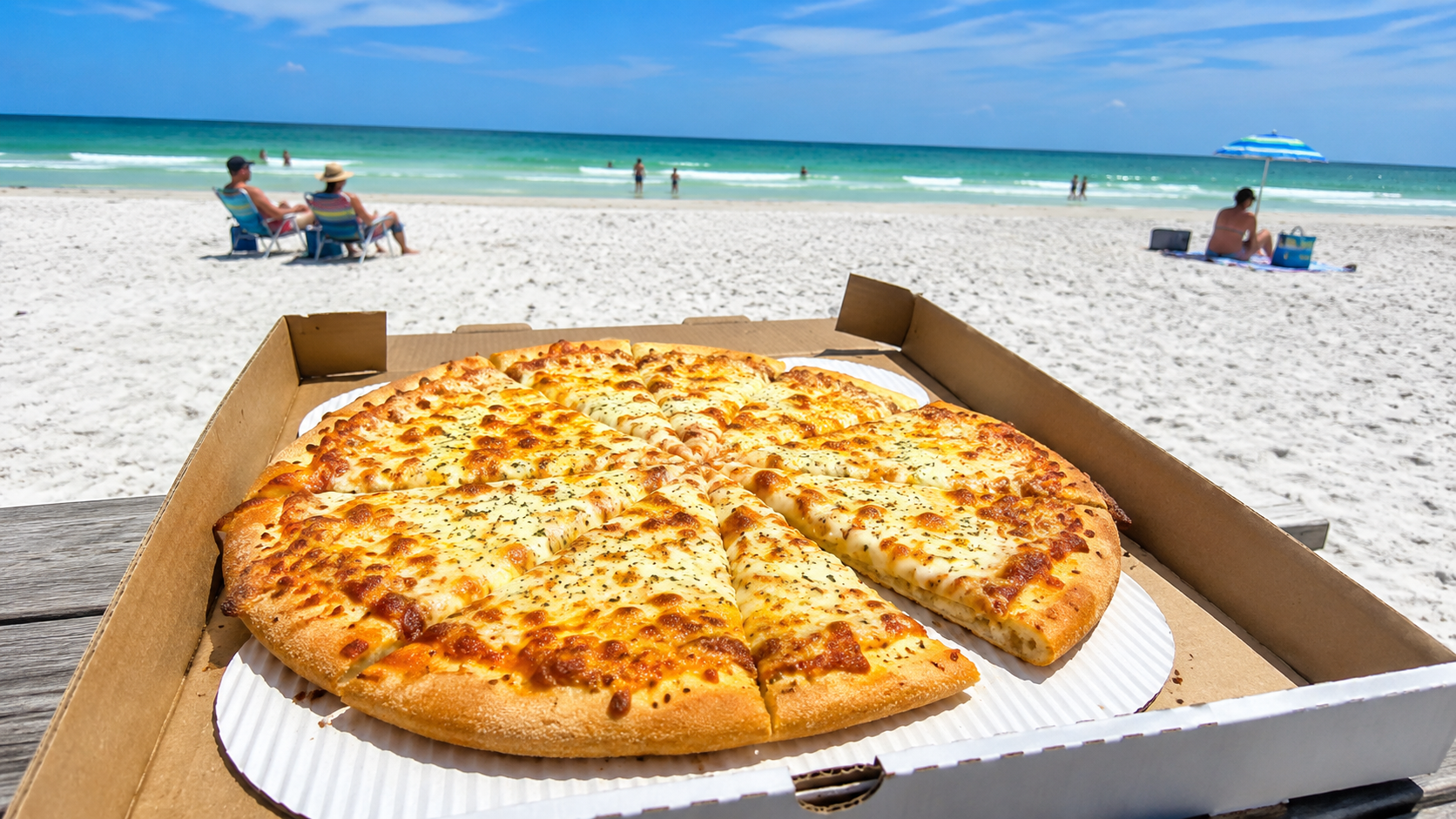 Eating pizza on Destin Beach
