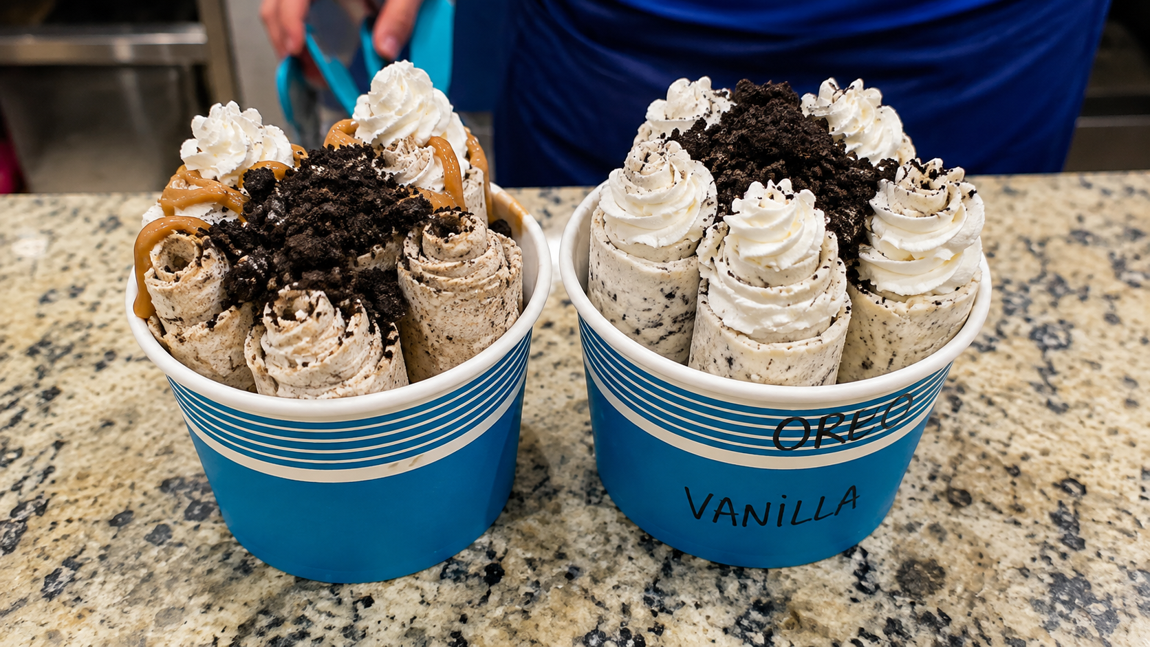 Buckets of rolled ice cream