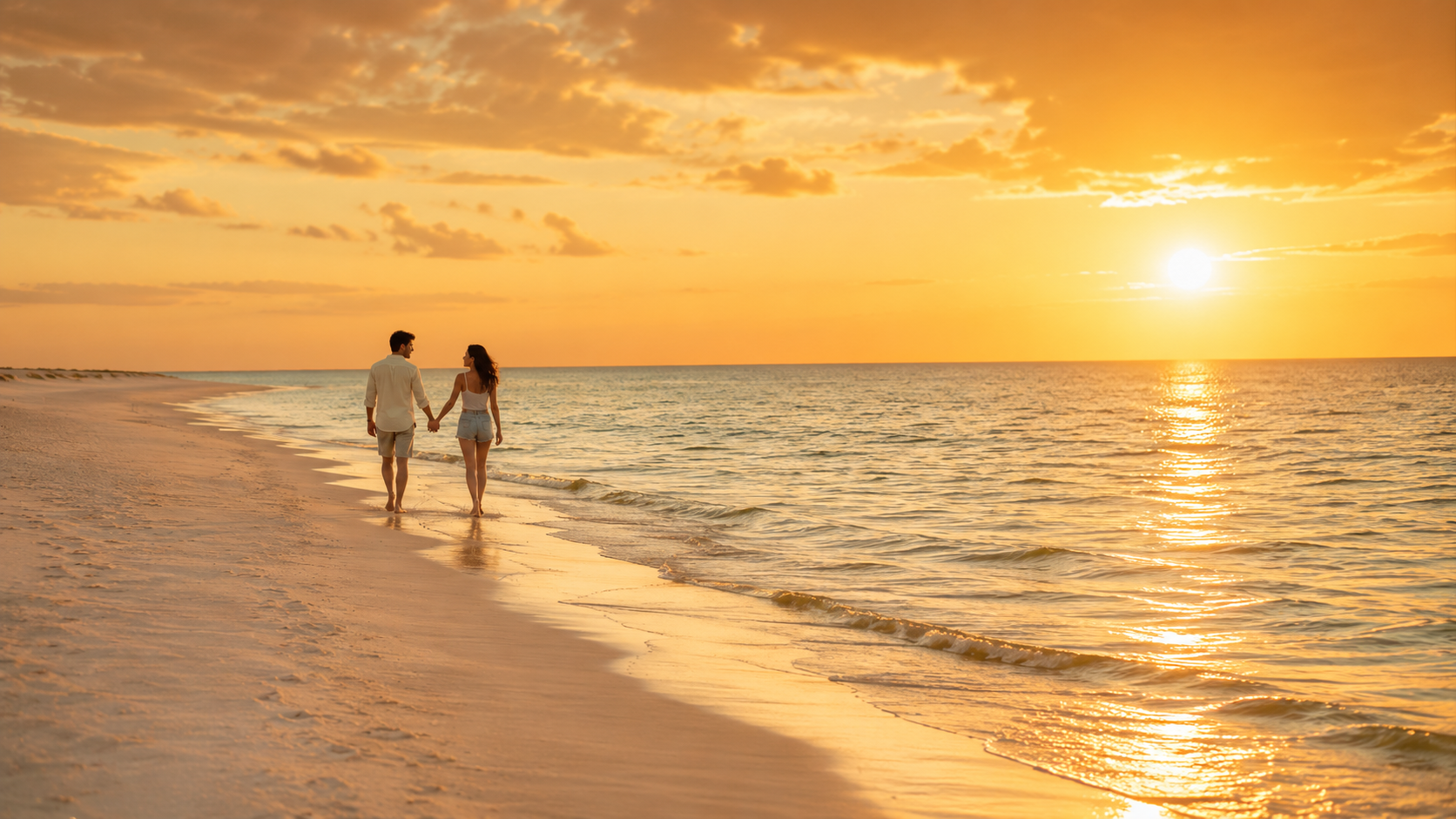 Couple walking on the beach at sunset