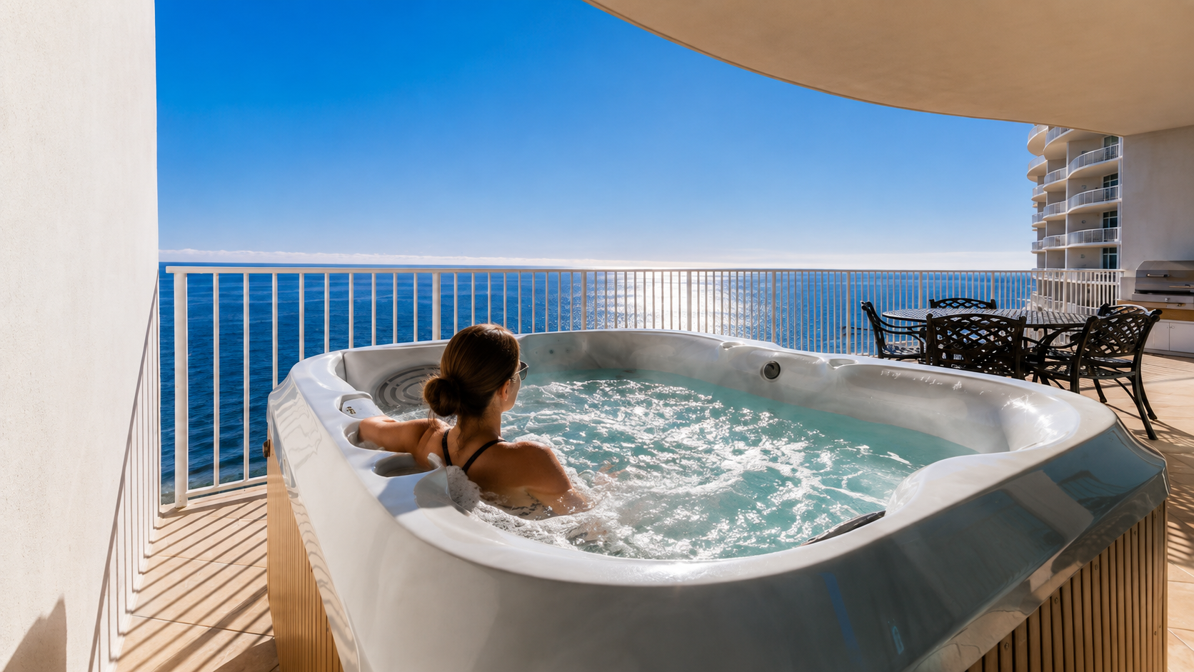 Women in hot tub over looking the ocean