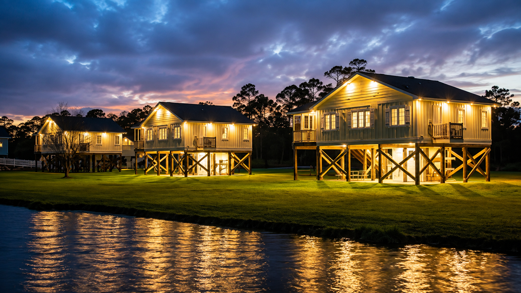 The Cabins at Gulf State Park at night