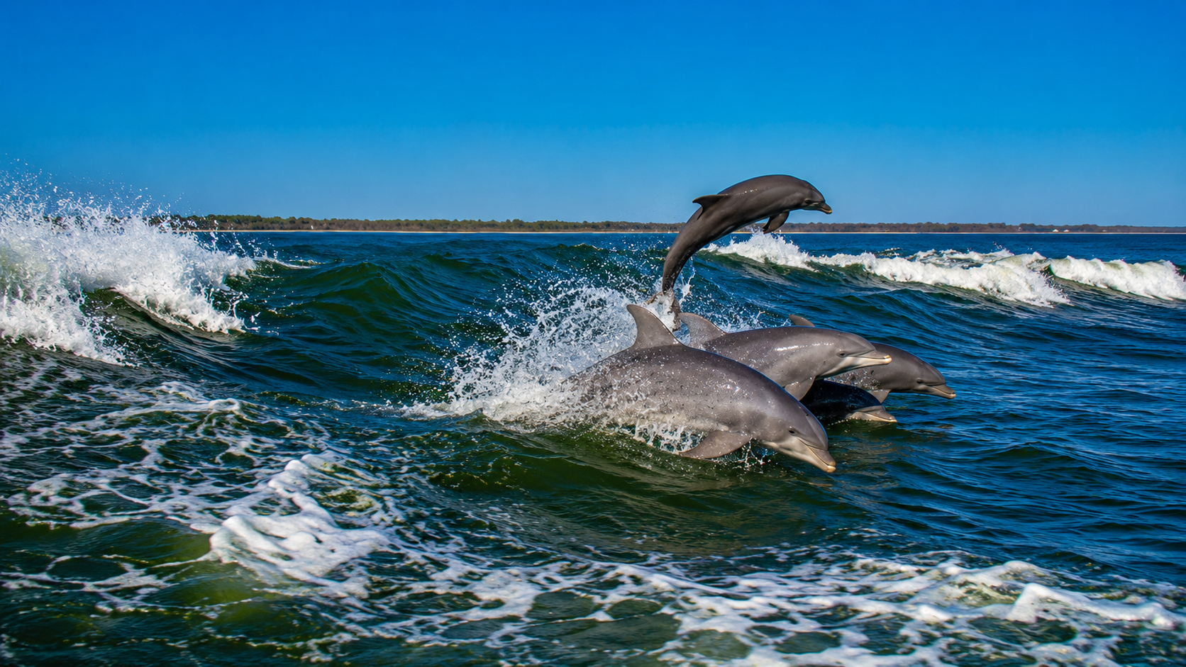 Dolphins jumping in the waves