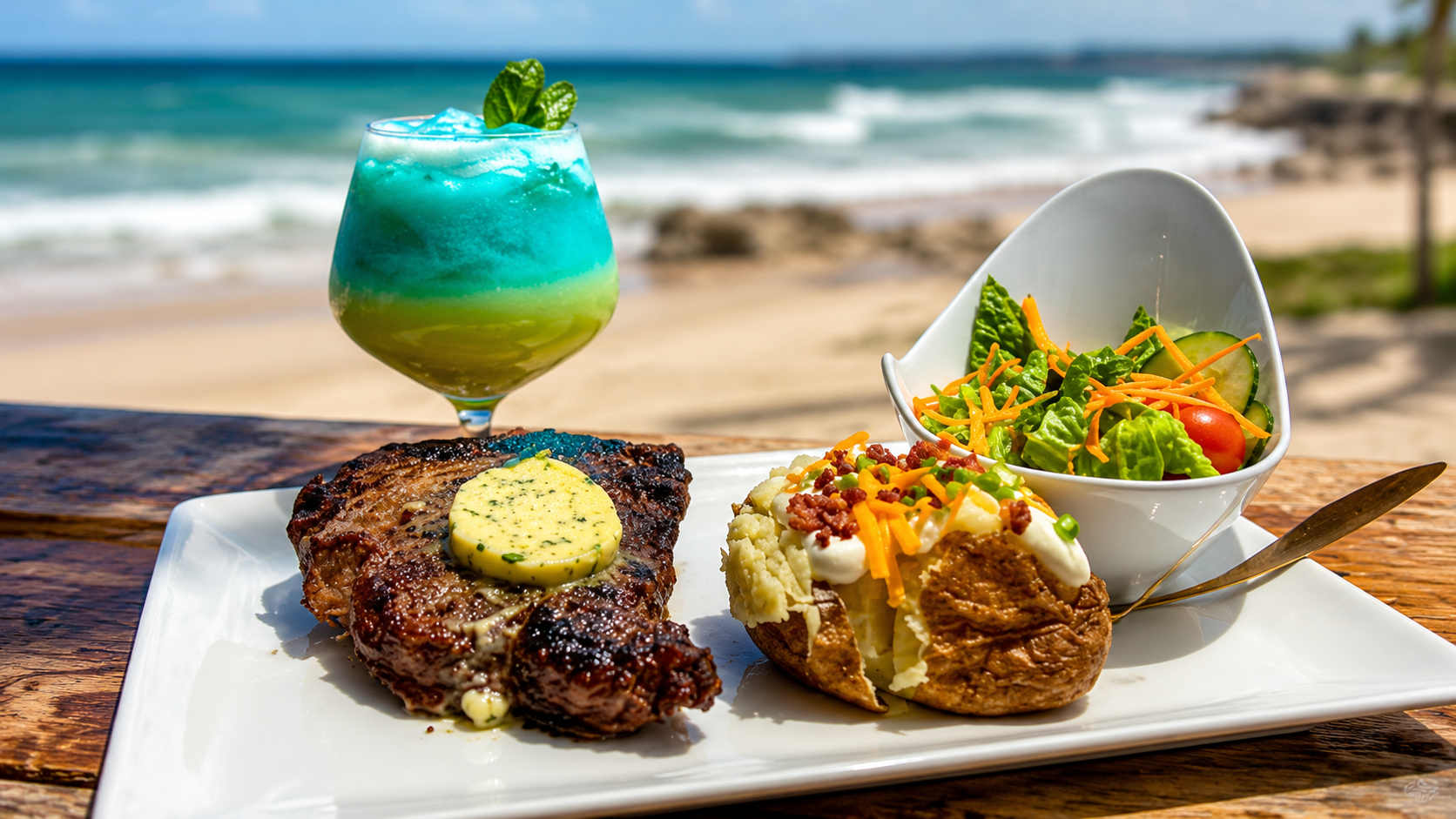Steak and potato plate on the beach