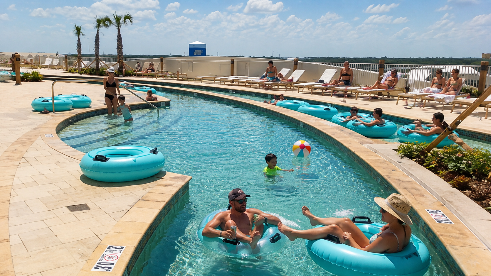 Family handing out in the lazy river at the hotel