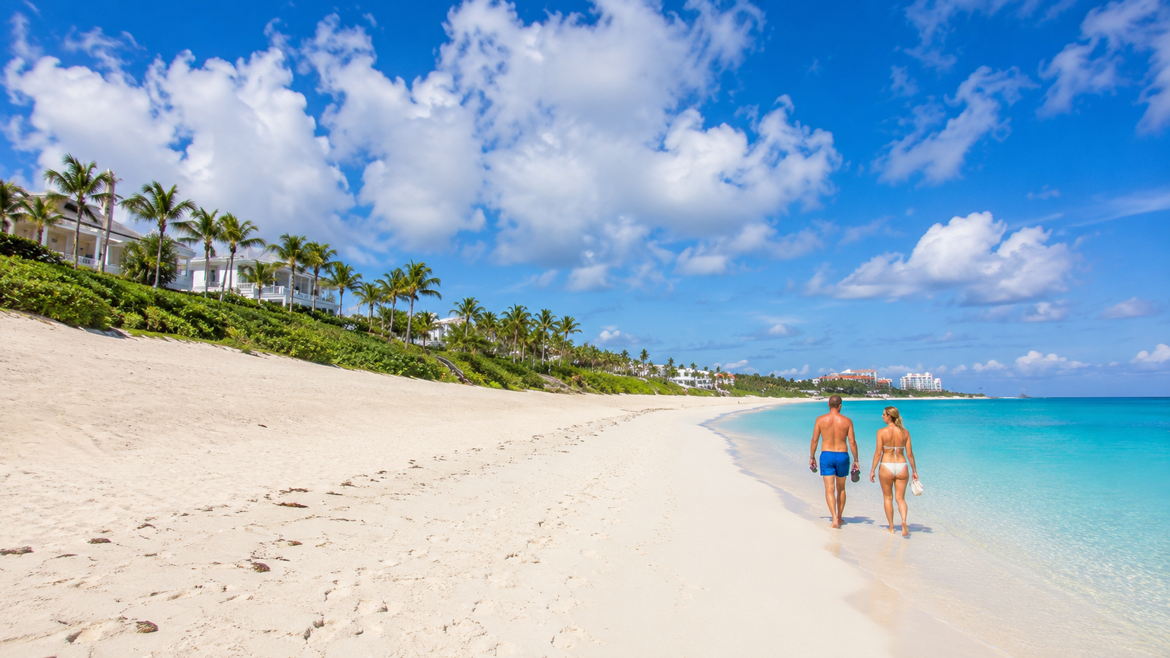 Couple walking down the beach in the Bahamas