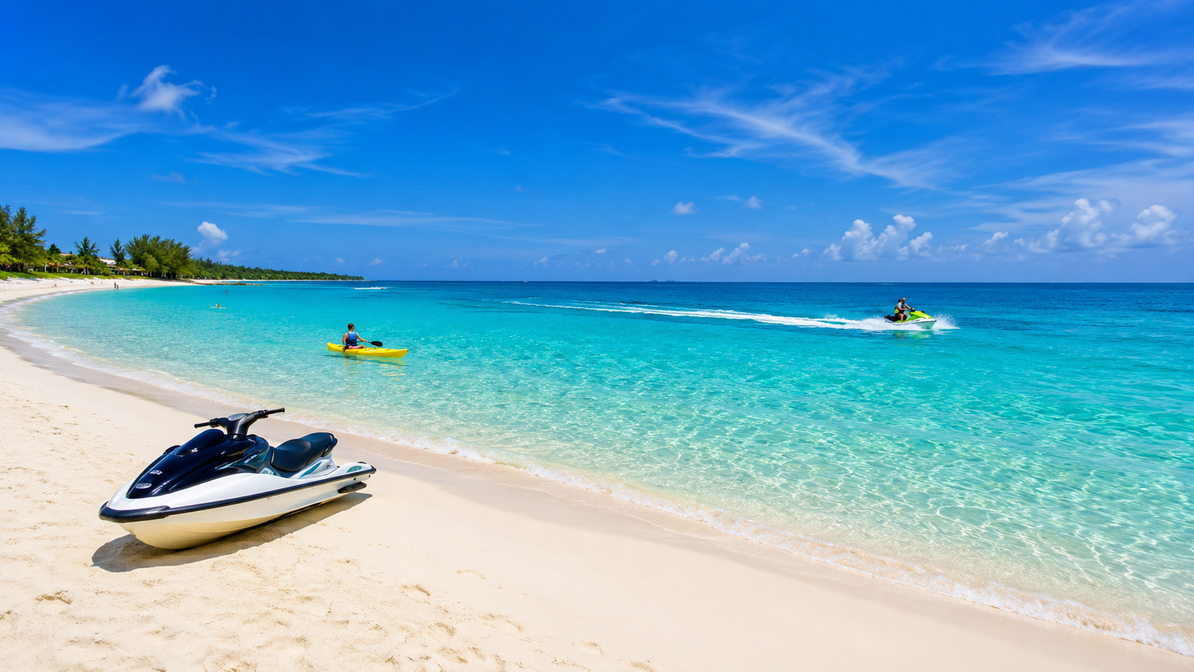 Beach in the Bahamas with wave runner and people kayaking