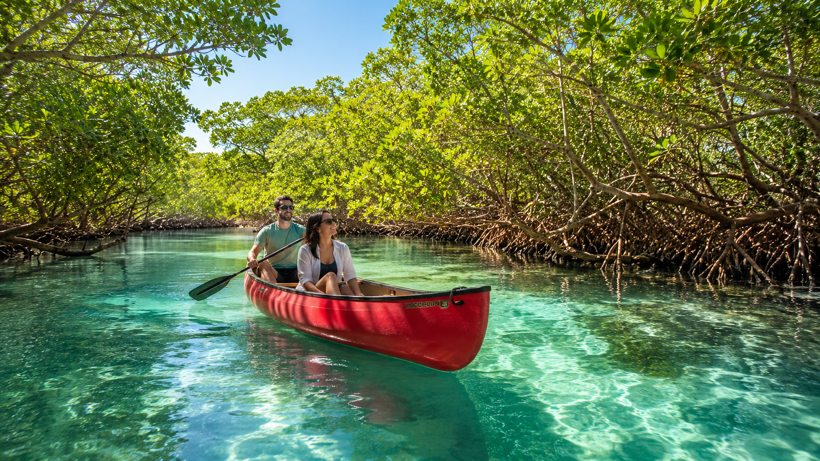 People kayaking through the mangroves in the Bahamas