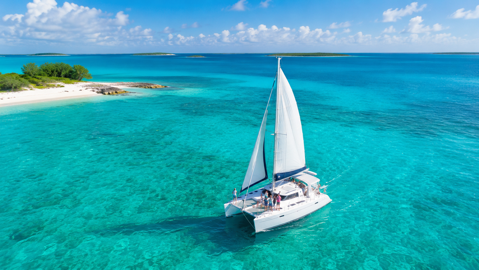 Sailboat sailing along the shoreline in the bahamas