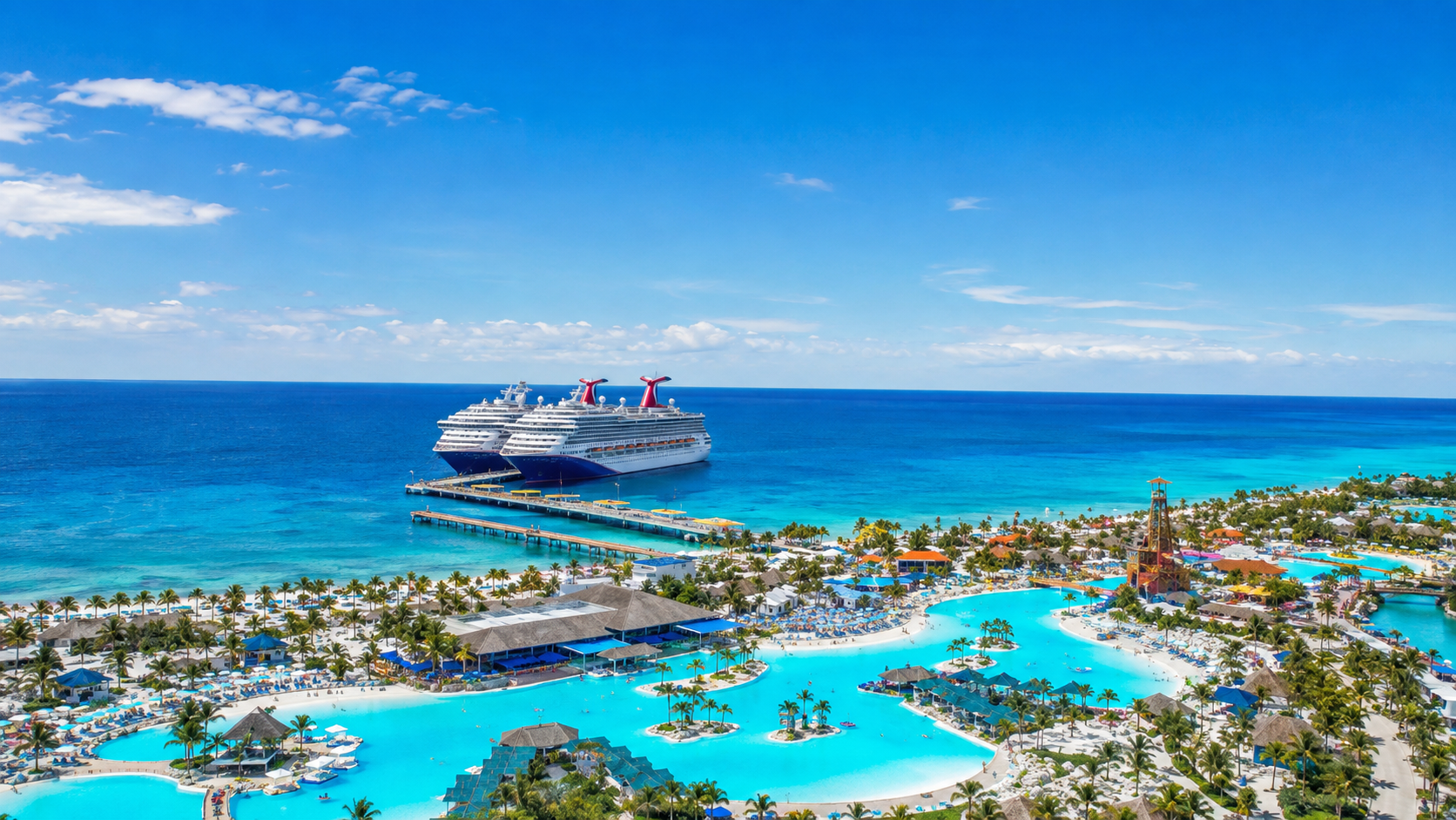 Carnival cruise ships at their private island in the Bahamas