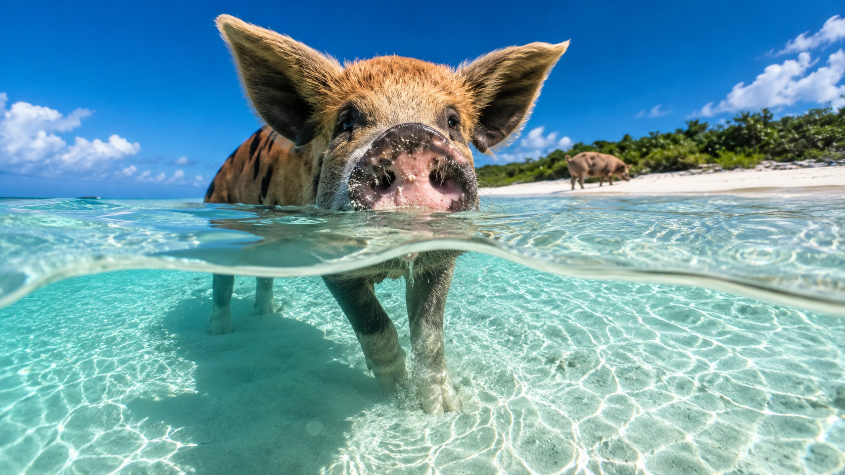 Pig swimming in the water at the beach in the bahamas