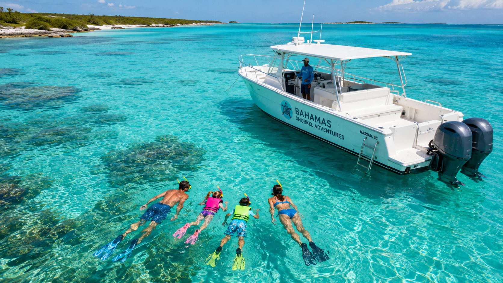 Family on a snorkeling tour in the Bahamas