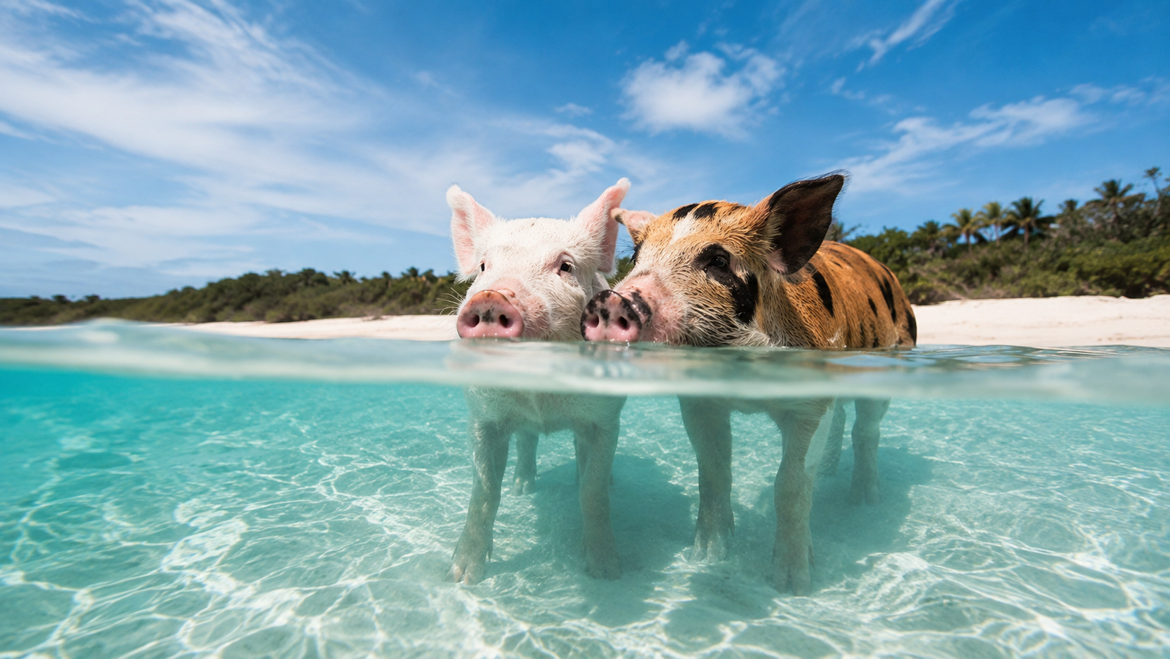Pigs swimming at the beach in The Exumas