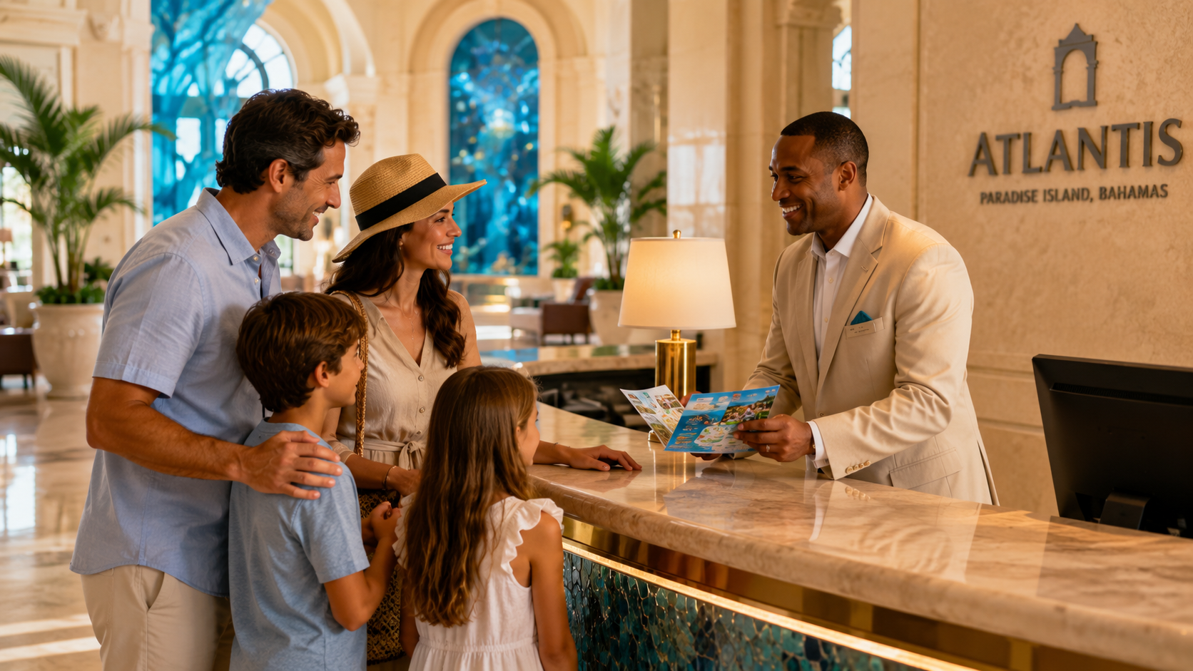 Family talking to the front desk at a hotel
