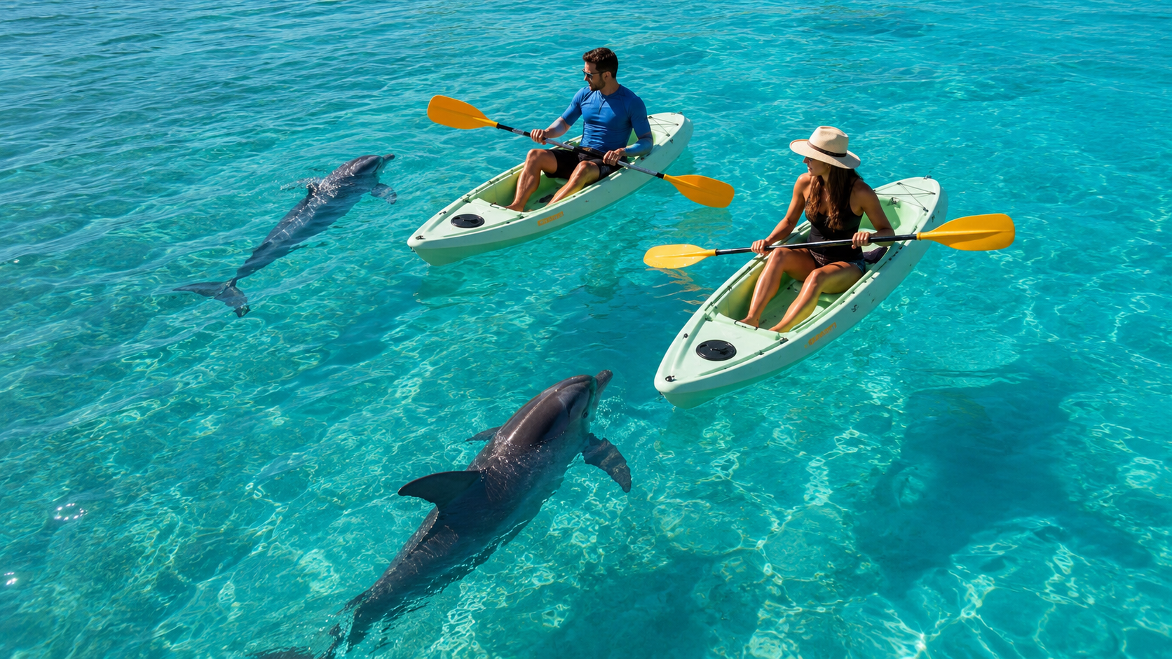 People kayaking with dolphins at dolphin cay