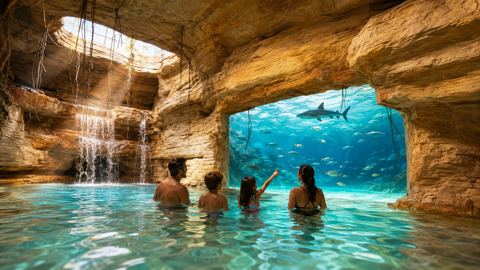 Family in water cave in Atlantis hotel