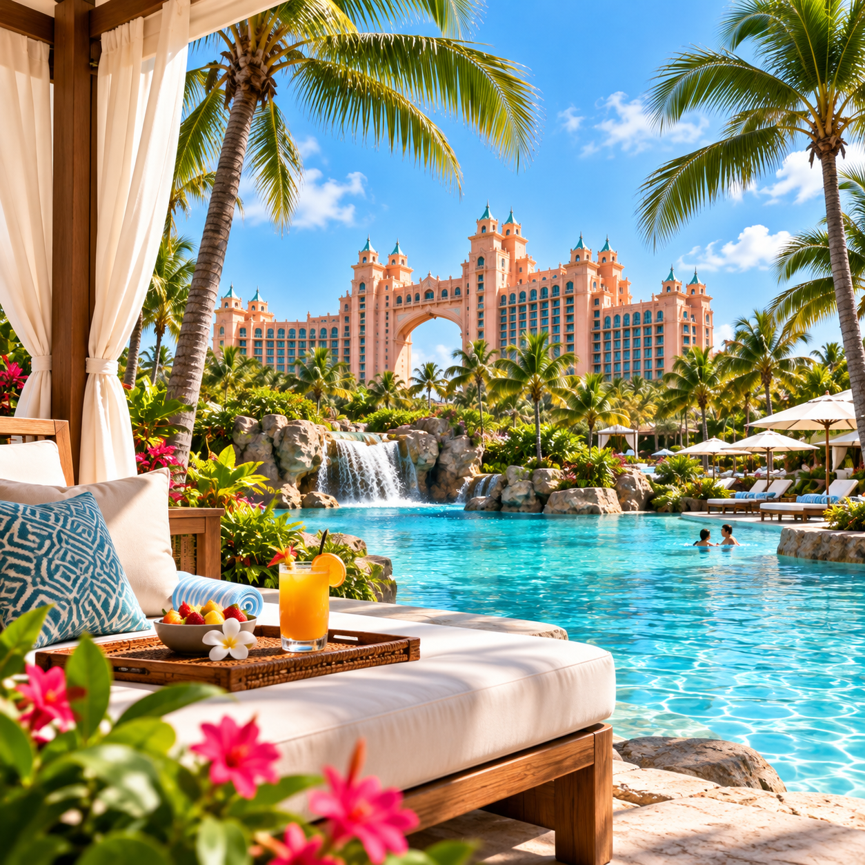 Cabana overlooking the pool and Atlantis Hotel