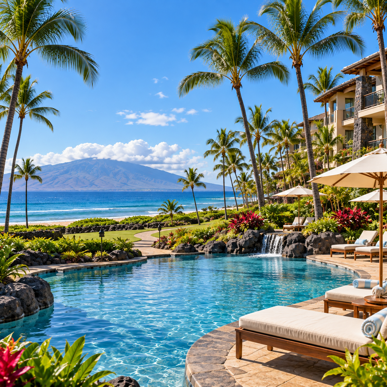 Resort pool overlooking the ocean in Maui , Hawaii