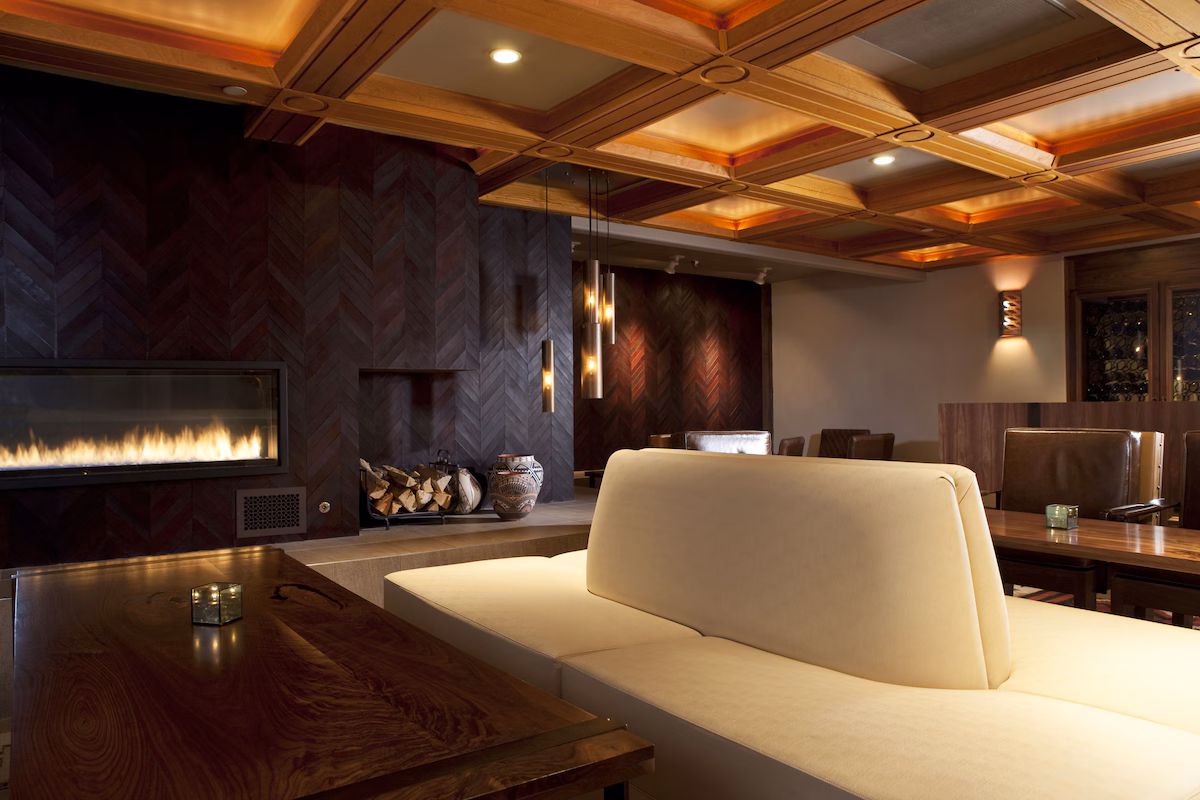 Hotel lounge and indoor fireplace