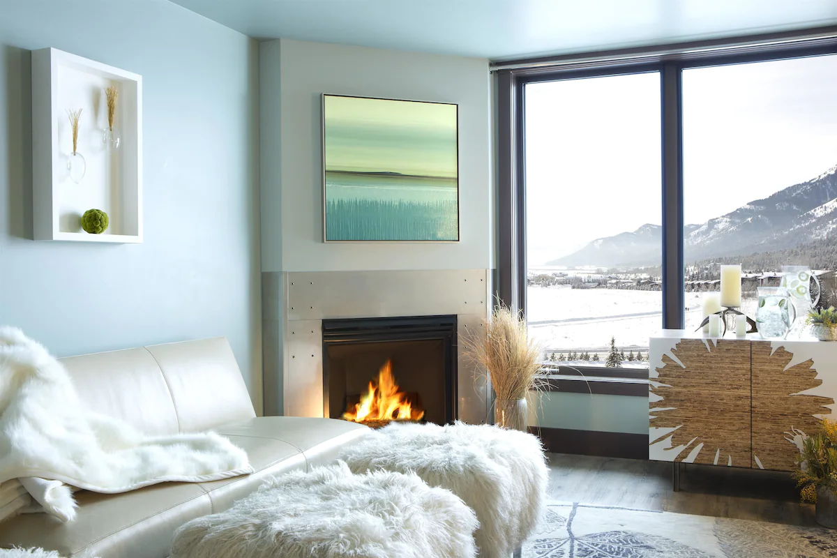 Fireplace in the room with amazing views