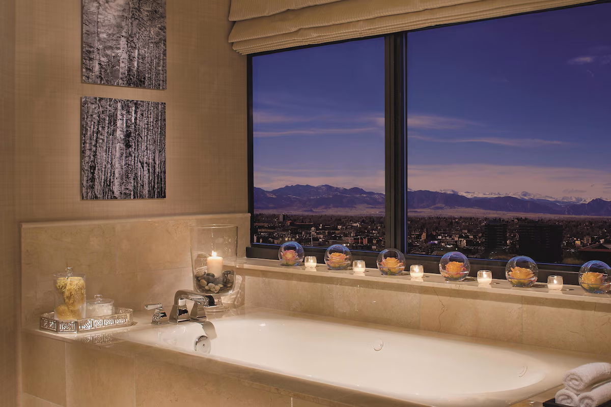 Soak in the tub with a mountain view