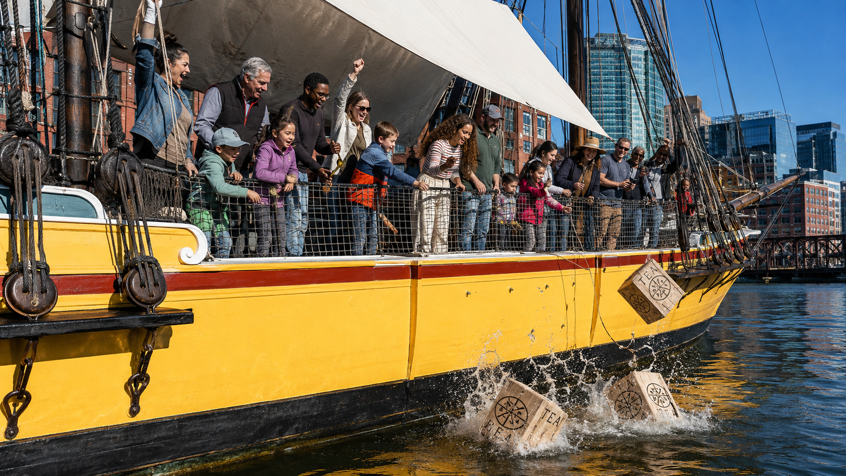 Revolt and throw teas overboard at Boston Tea Party Ships & Museum